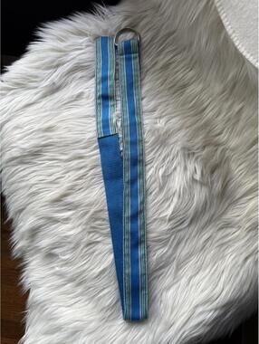 Blue Striped Fabric Belt with Metal D-Ring Buckle